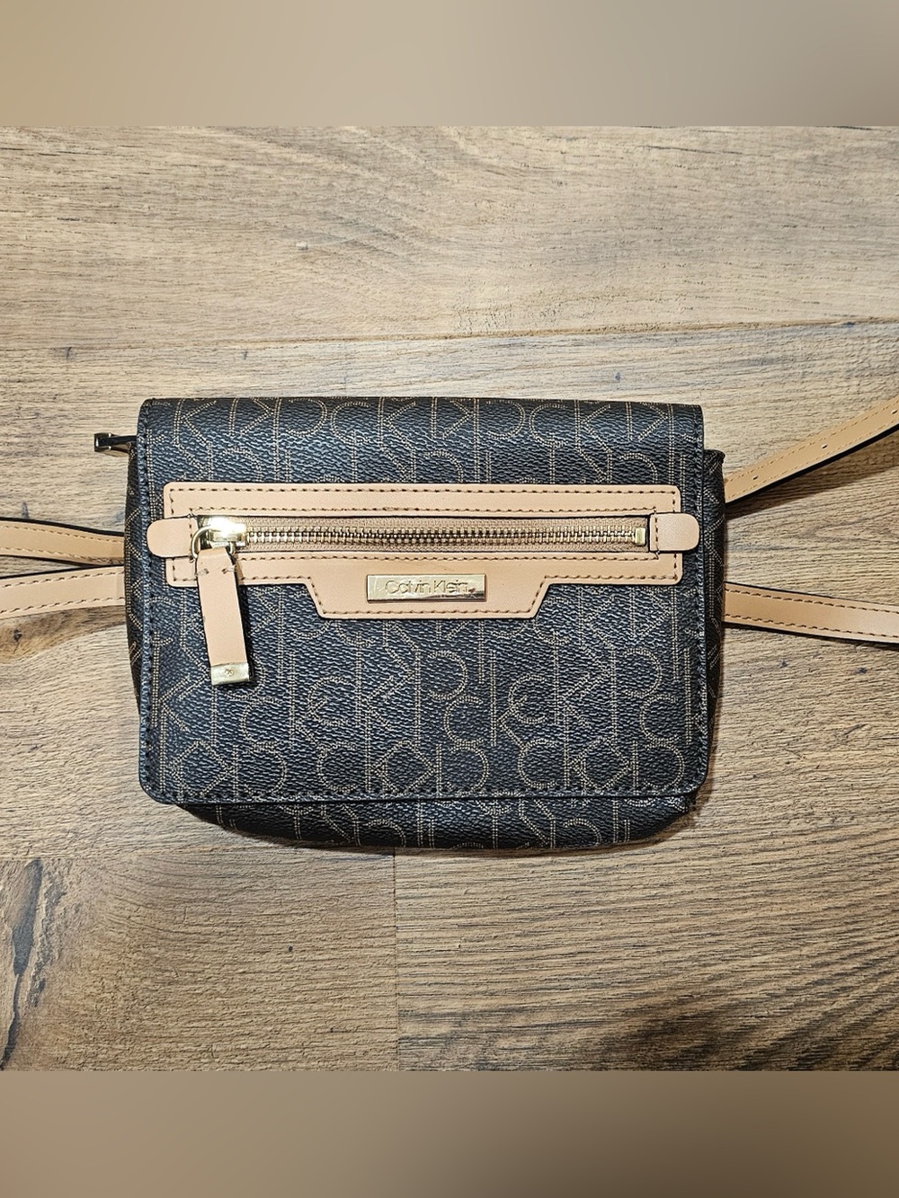 Calvin Klein Dark Brown Monogram Crossbody with Tan Trim